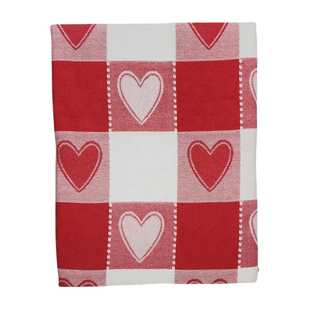 Rachel Zoe Red And White Hearts Woven Check‎ Cotton Tablecloth 60x84in Oblong